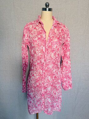 Frank & Eileen Murphy 100% Linen Floral Shirt Dress Pink White Small USA